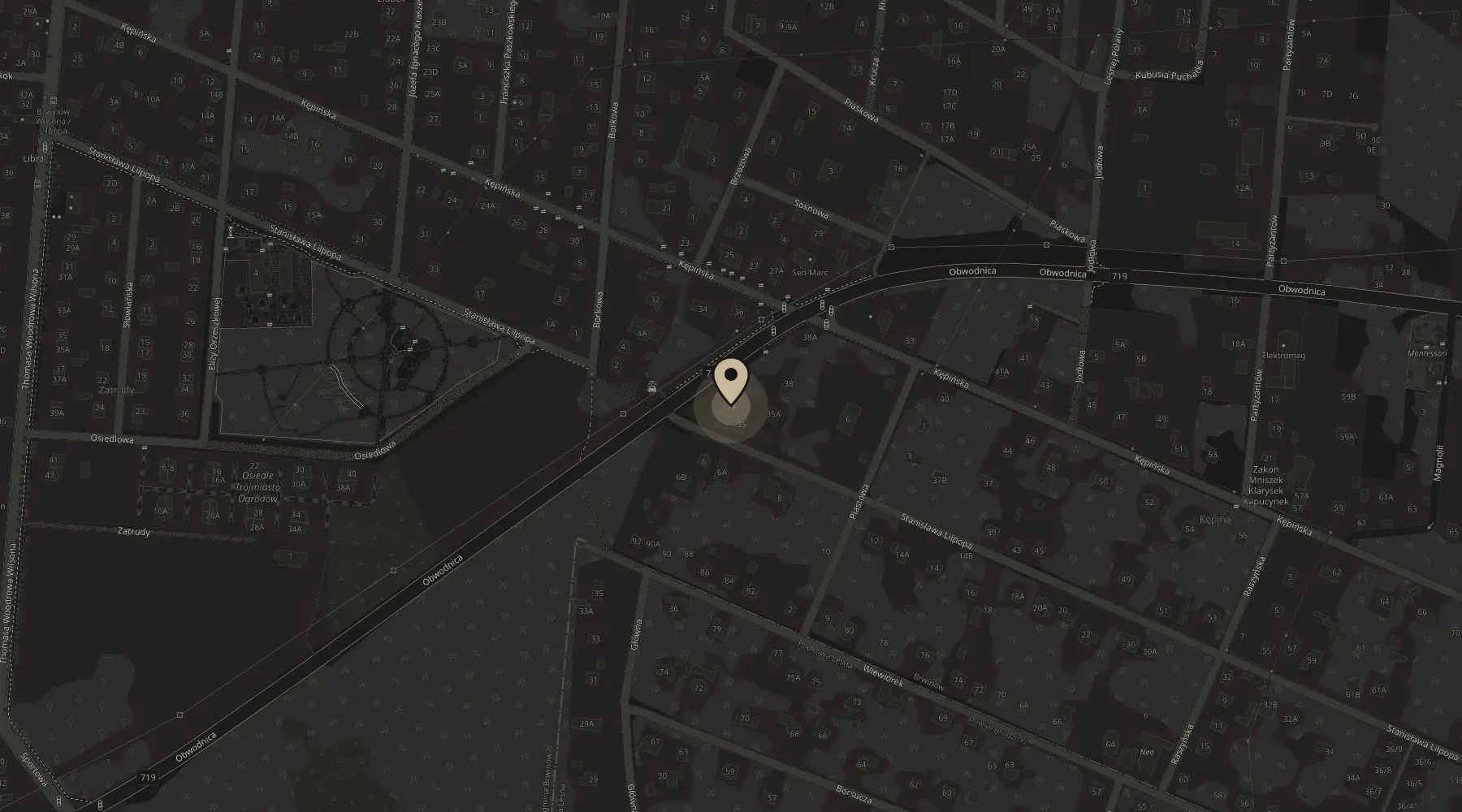 Mapa okolicy biura: Stanisława Lilpopa 33, Brwinów — pinezka przy budynku pracowni
