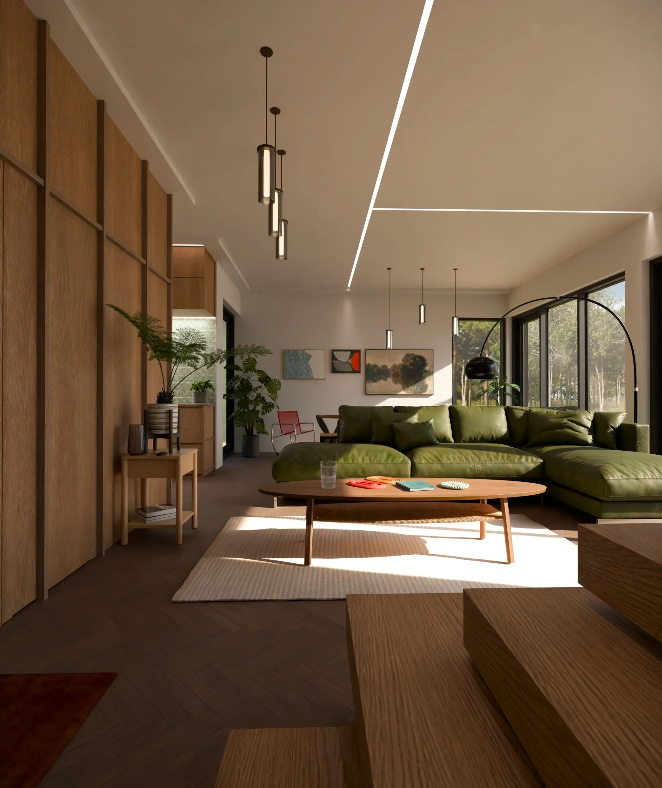 Salon z zieloną sofą narożną i drewnianą zabudową